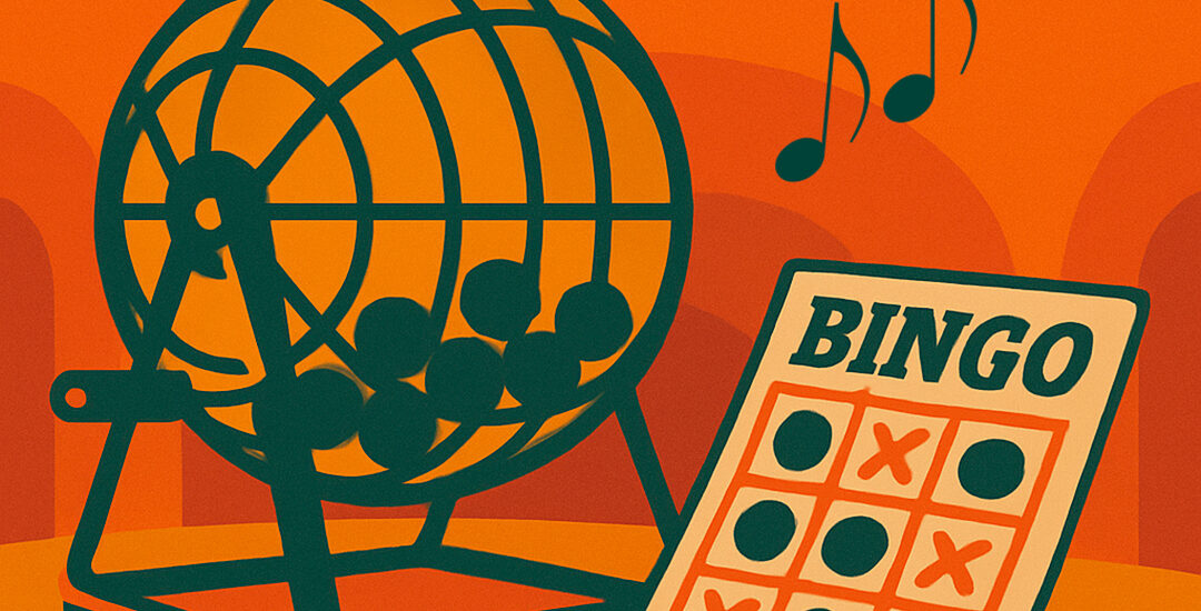 illustrasjon med bingotrommel og bingoblokk