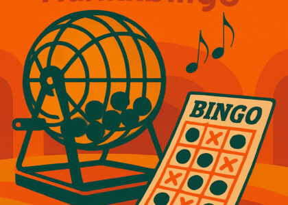 illustrasjon med bingotrommel og bingoblokk