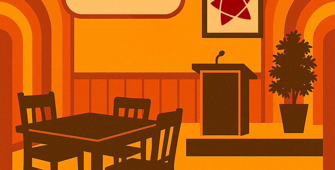 illustrasjon av kafé med talerstol